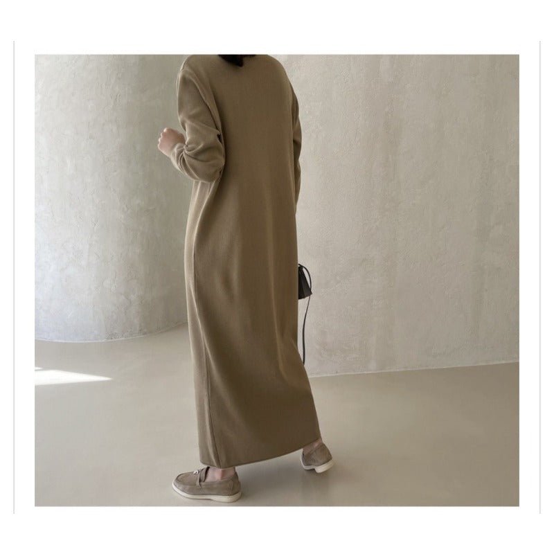Elegant Knit Shawl & Half-Turtleneck Maxi Dress Set | Two-Piece Modest Outfit(MS117)