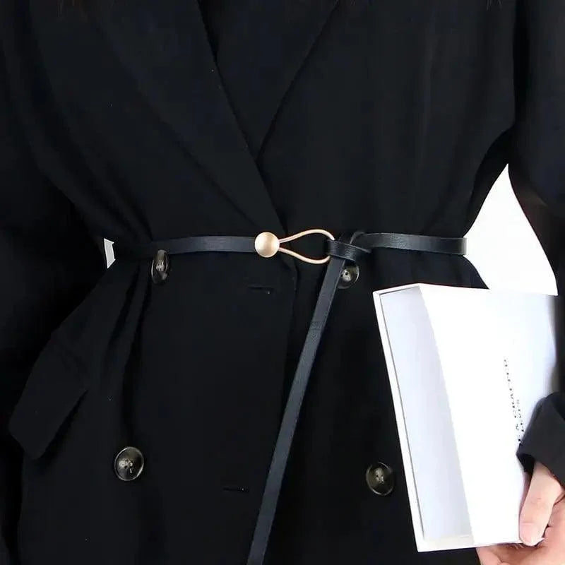 Elegant Leather Adjustable Thin Belt For Women Unique Black Design Ladies Belt High Quality Charming Waistbands For Dress