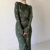 Elegant Long-Sleeve Floral Slim-Fit A-Line Dress with Ruffles & Belt(MA203)