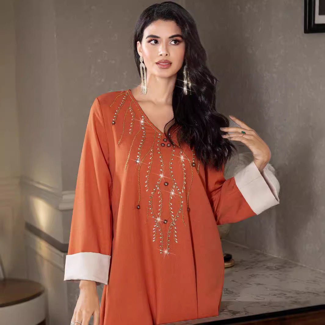 Elegant Orange V-Neck Loose Hand-Sewn Diamond & Pearl Embellished Long Dress with Contrast Cuffs Abaya (MA191)