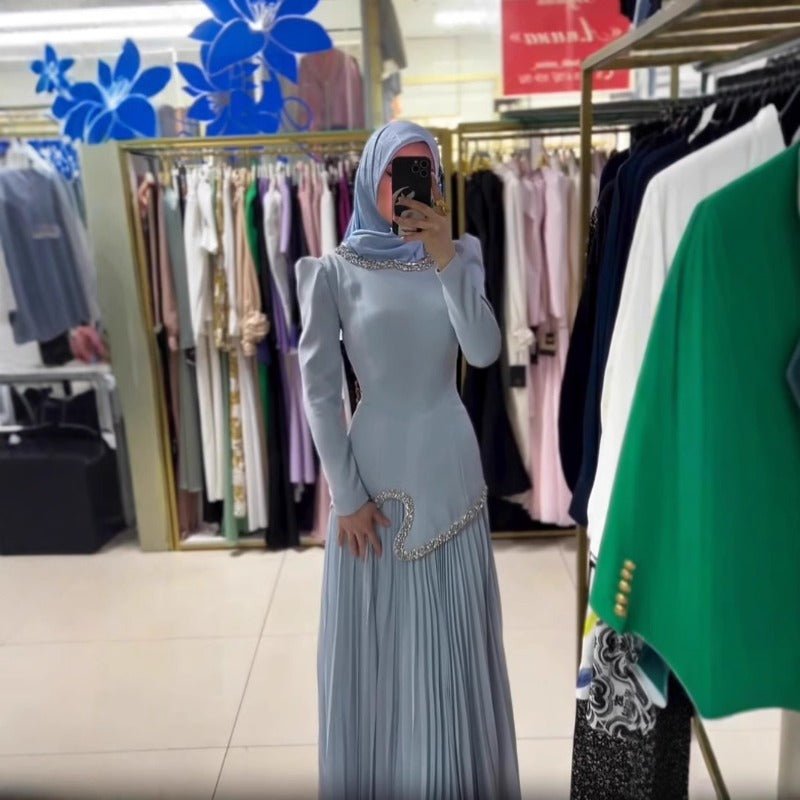 Elegant Pleated Abaya Dress with Diamond Embellished Collar & Waist | Modest Muslim Maxi Dress with Back Strap Detail(MA294)
