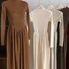 Elegant Ribbed Knit Maxi Dress | Mock Neck A-Line Sweater Dress (MS173)