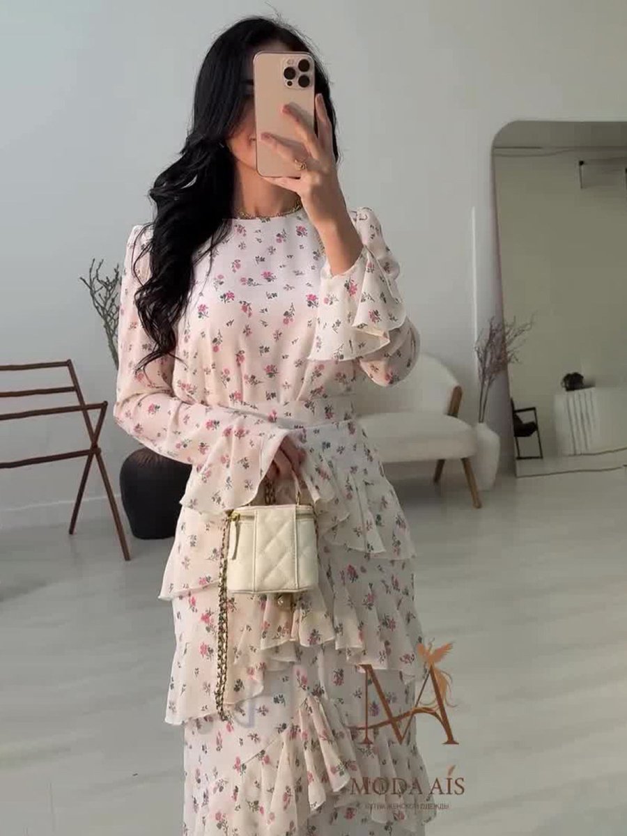 Elegant Romantic Floral Chiffon Fishtail  Ruffled Long Sleeve Dress Maxi Dress Abaya(MA212)