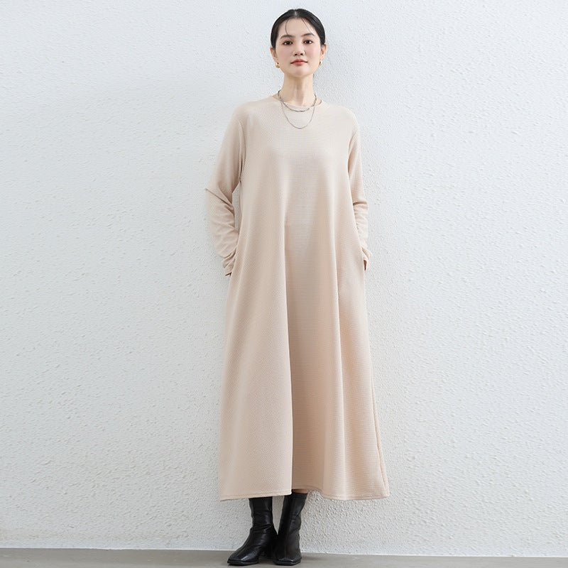 Elegant Round Neck A-Line Maxi Dress - Solid Color Modest Abaya with Pockets (MA310)