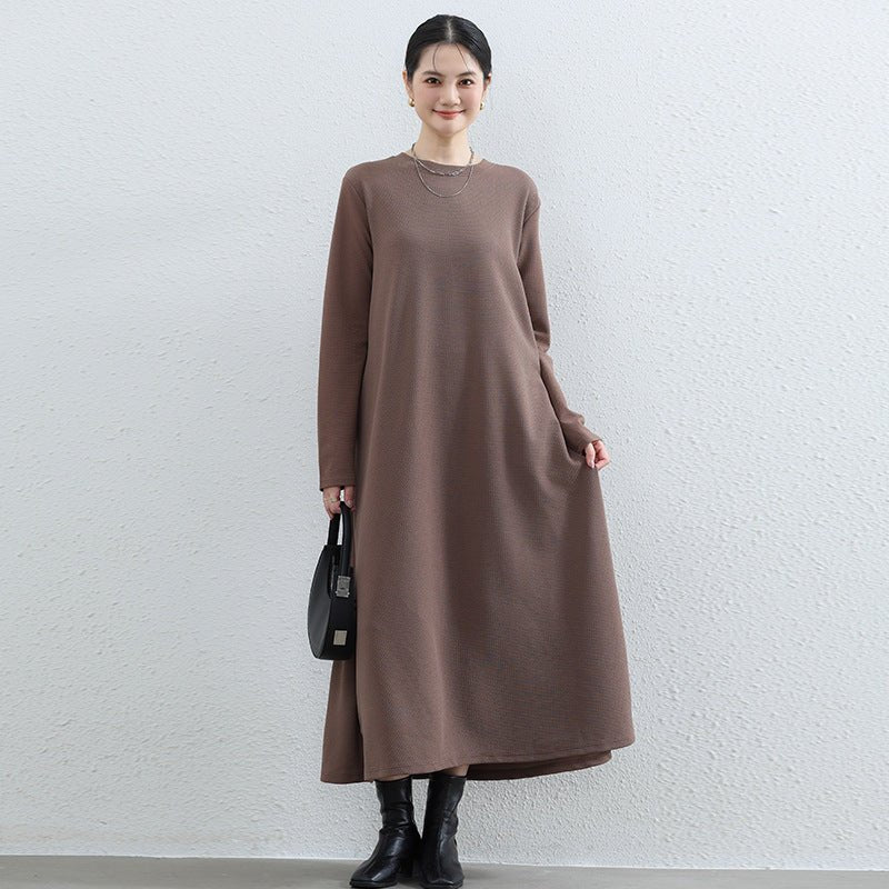 Elegant Round Neck A-Line Maxi Dress - Solid Color Modest Abaya with Pockets (MA310)
