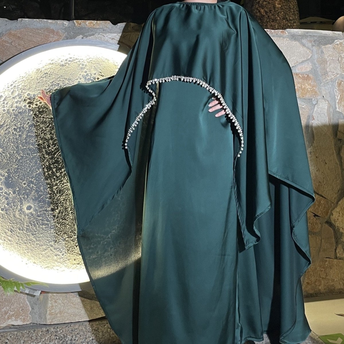 Elegant Satin Abaya with Rhinestone Cape | Luxurious Modest Evening Dress (MA327)