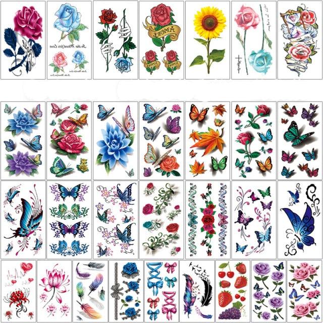 Elegant Sketches Black Flowers Body Tattoo Waterproof Temporary 3D Flowers Luxury Design For Womens