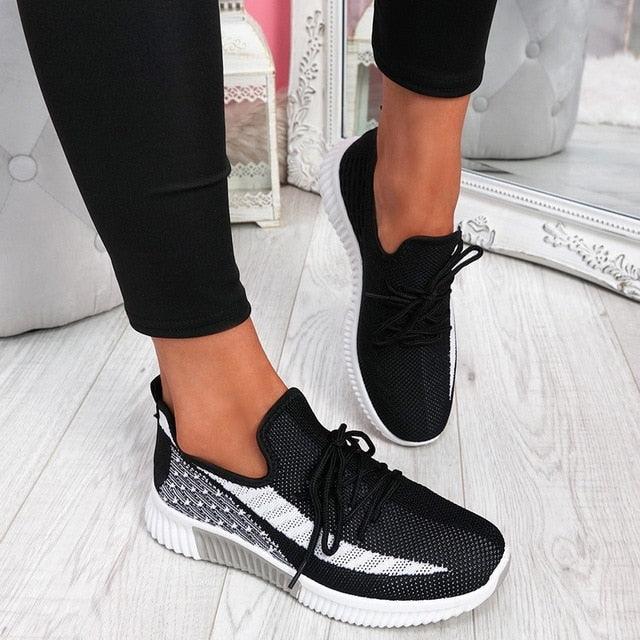 Elegant Sport Women's Vulcanized Female Lace Up Mesh Sneakers Round Toe Casual Walking Shoes Mesh Flat Anti-slip Women Breathable Mesh Fashion Sneakers