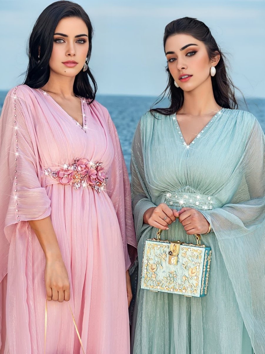 Elegant V-Neck Luxury Hand-Sewn Bead Embellished Travel & Party Abaya Robe Dress (MA188)