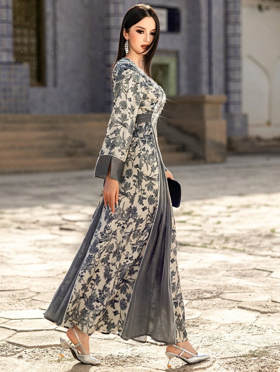 Elegant V-Neck Satin Floral Hand-Stitched Pearl & Crystal Bead Long Sleeve Maxi Dress with Gray Abaya Dress(MA192)