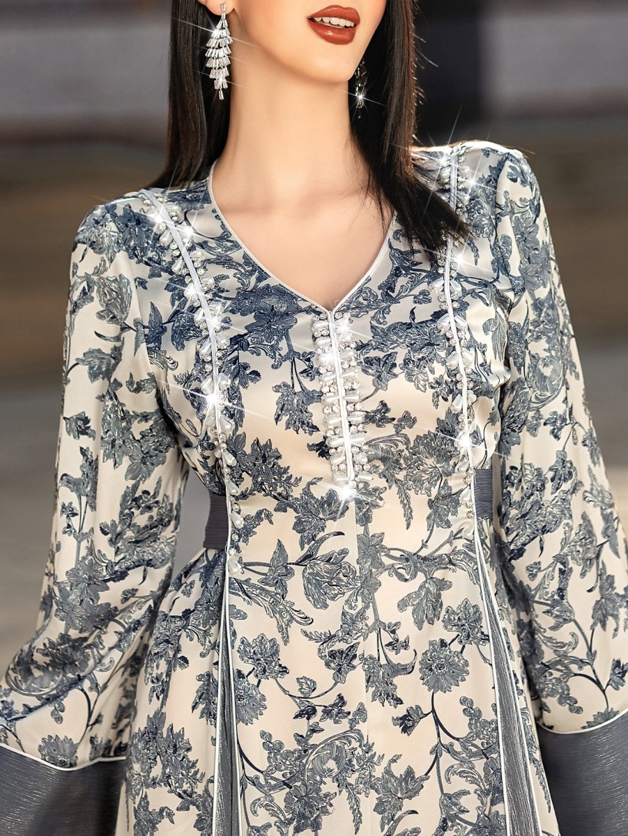 Elegant V-Neck Satin Floral Hand-Stitched Pearl & Crystal Bead Long Sleeve Maxi Dress with Gray Abaya Dress(MA192)