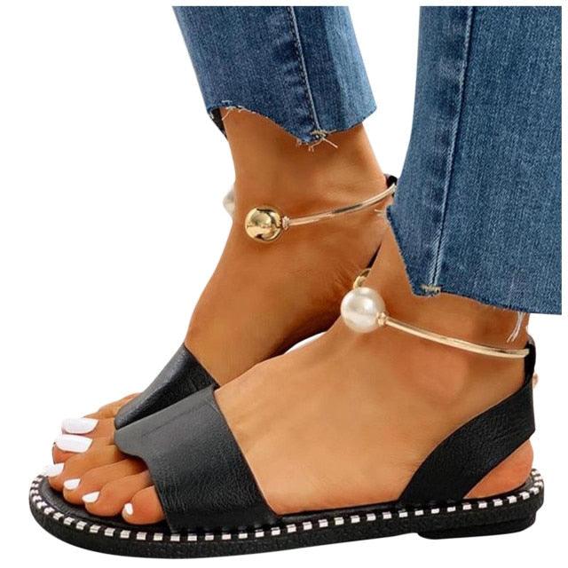 Elegant White Women Fashion Sandals Solid Round Toe Pearl Buckle Casual Sandals Shoes New Summer Outdoor Non-slip Flip Flop Dressy Sandals Cute Round Toe Strappy Wedding Shoes