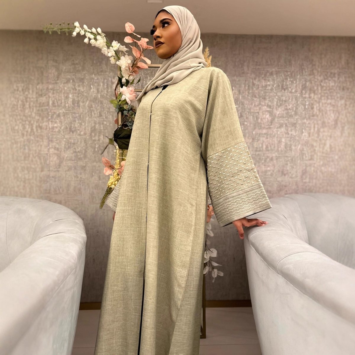 Embroidered Sleeve Abaya | Textured Open-Front Cardigan with Bell Sleeves (MOA263)