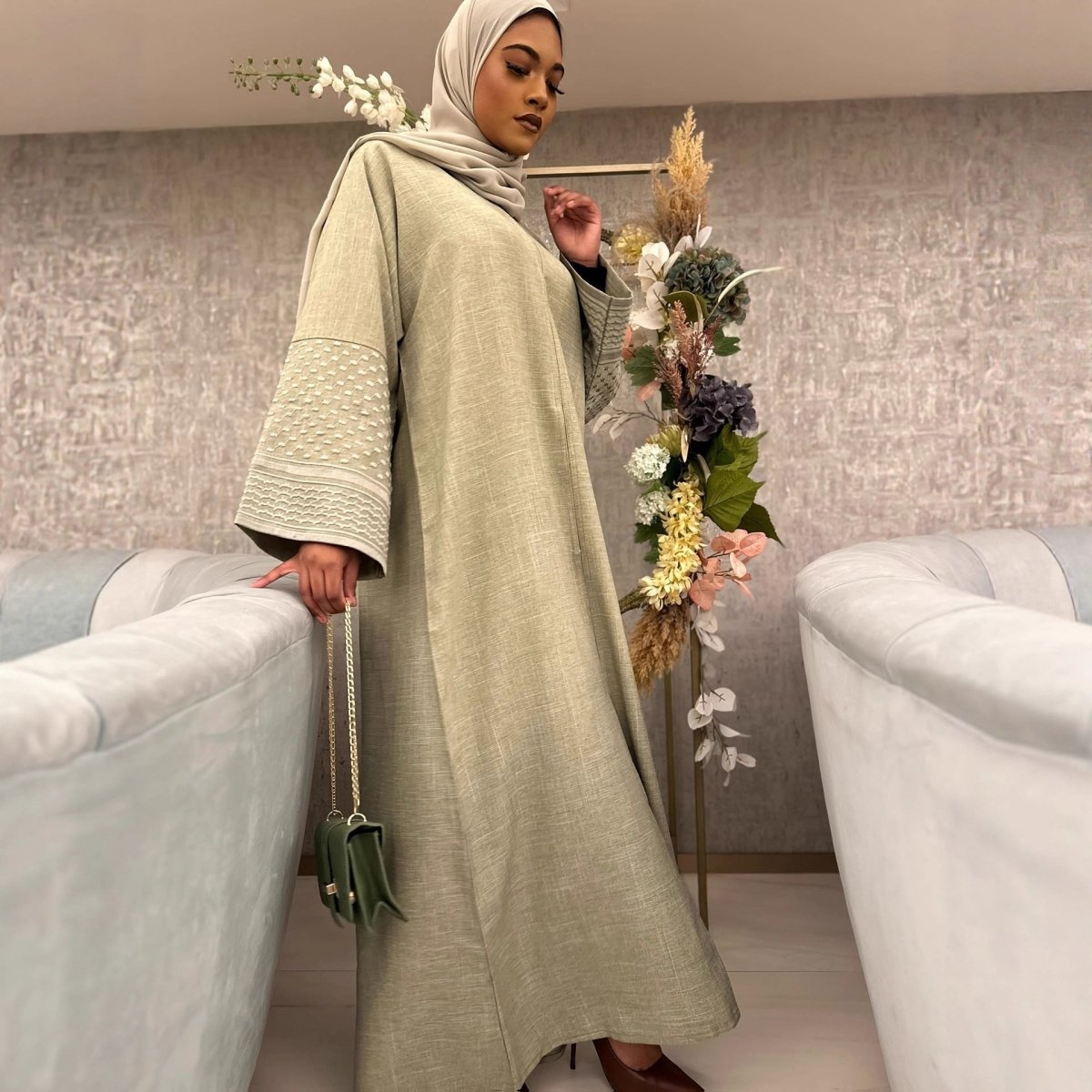 Embroidered Sleeve Abaya | Textured Open-Front Cardigan with Bell Sleeves (MOA263)