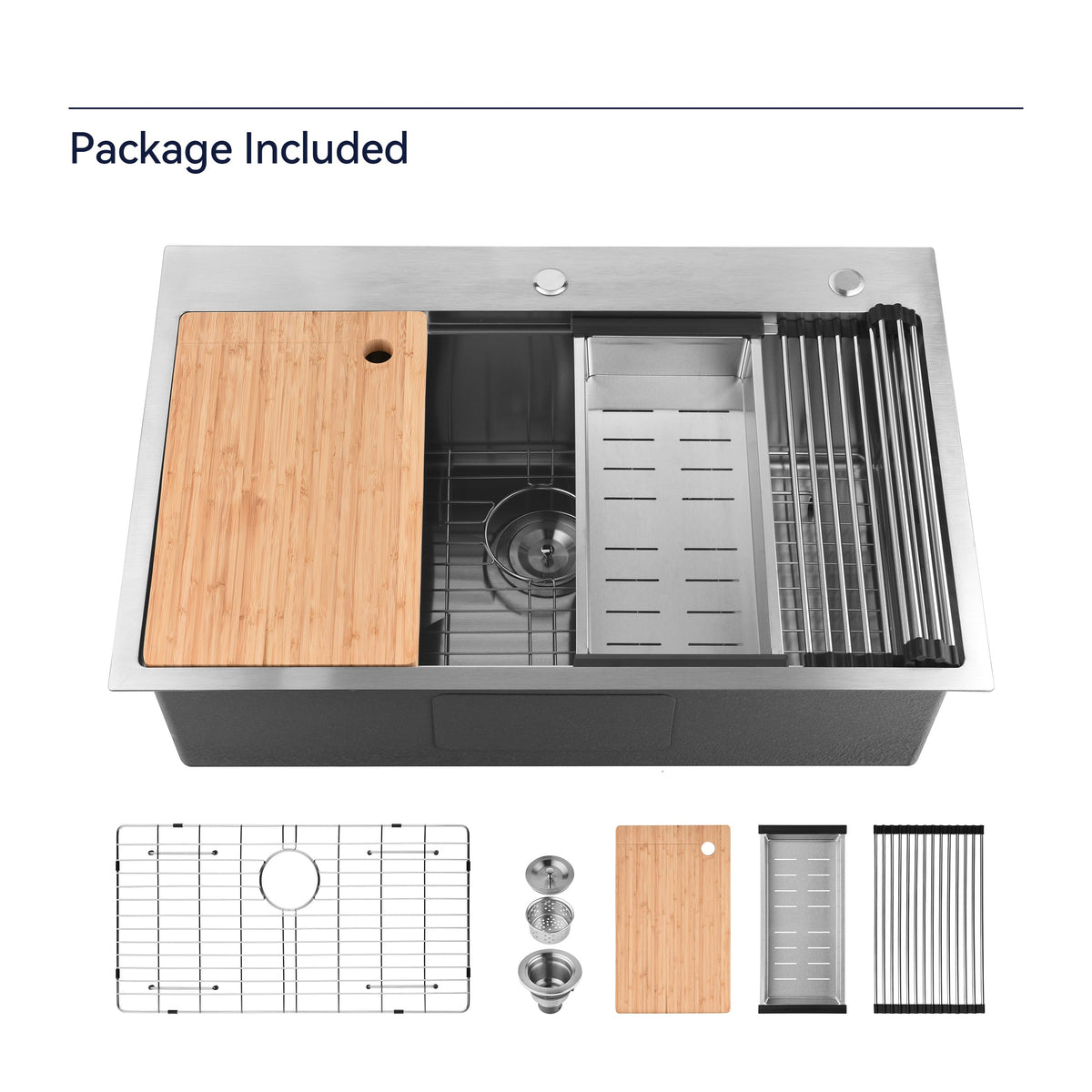 Stainless Steel Kitchen Sink, 33″x22″ Single Bowl, Overmount Handmade Sink in Brushed, with Cutting Board, Colander, Grid, LS-SSBR01