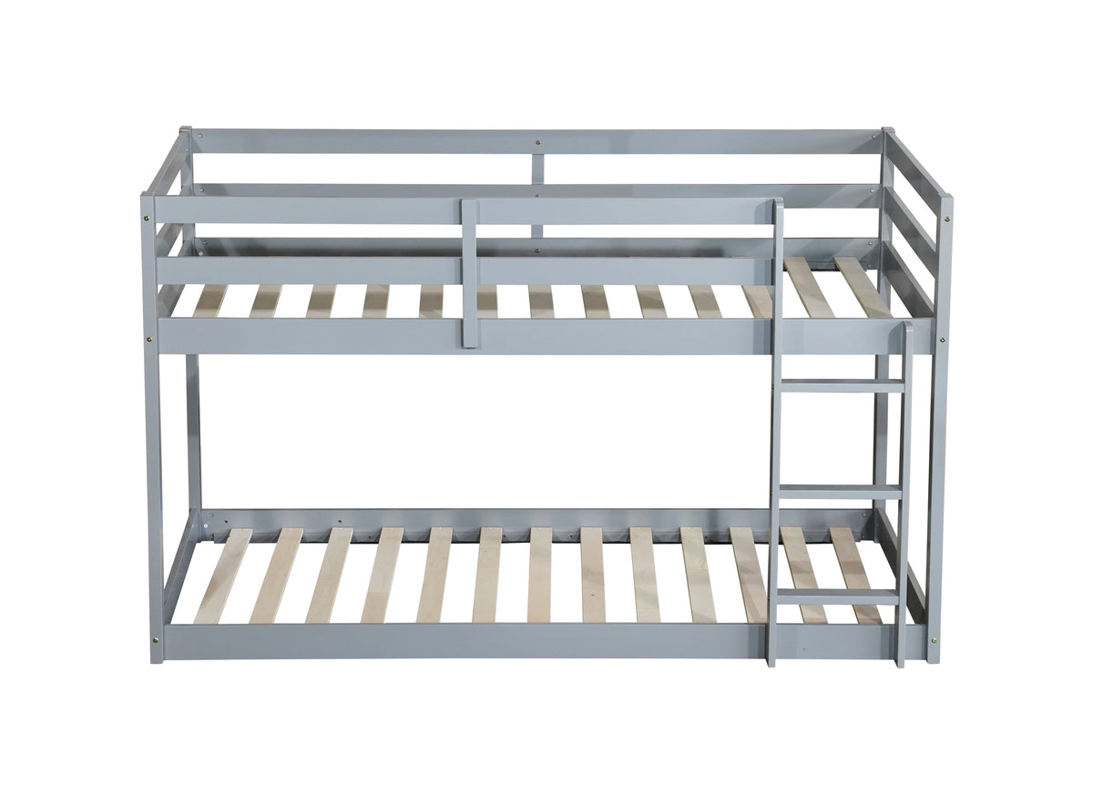 Solid Wooden , Solid Rubber Wooden Twin over Twin Floor Bunk Bed with Ladder ,Upper and Bottom Bed Platforms crafted with Strengthened Slats ,Grey