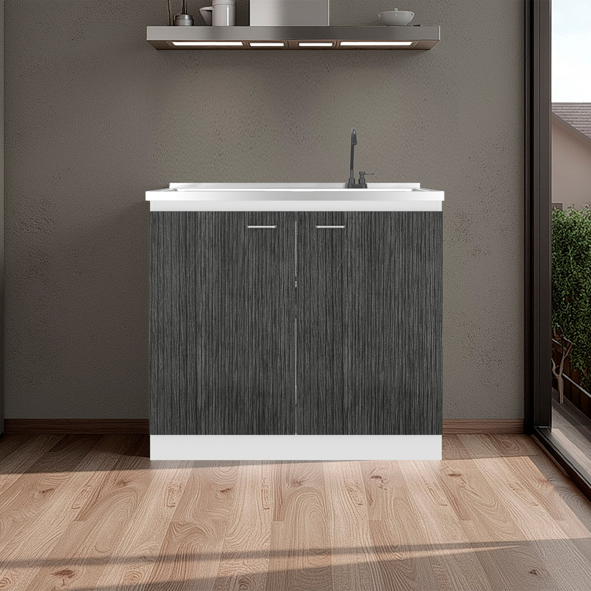 Napoles Utility Sink with Faucet Inclued and Integrated Stainless Steel Counter top, Freestanding cabinet with two doors, Metal Handles and Two interior shelves, Gray+White