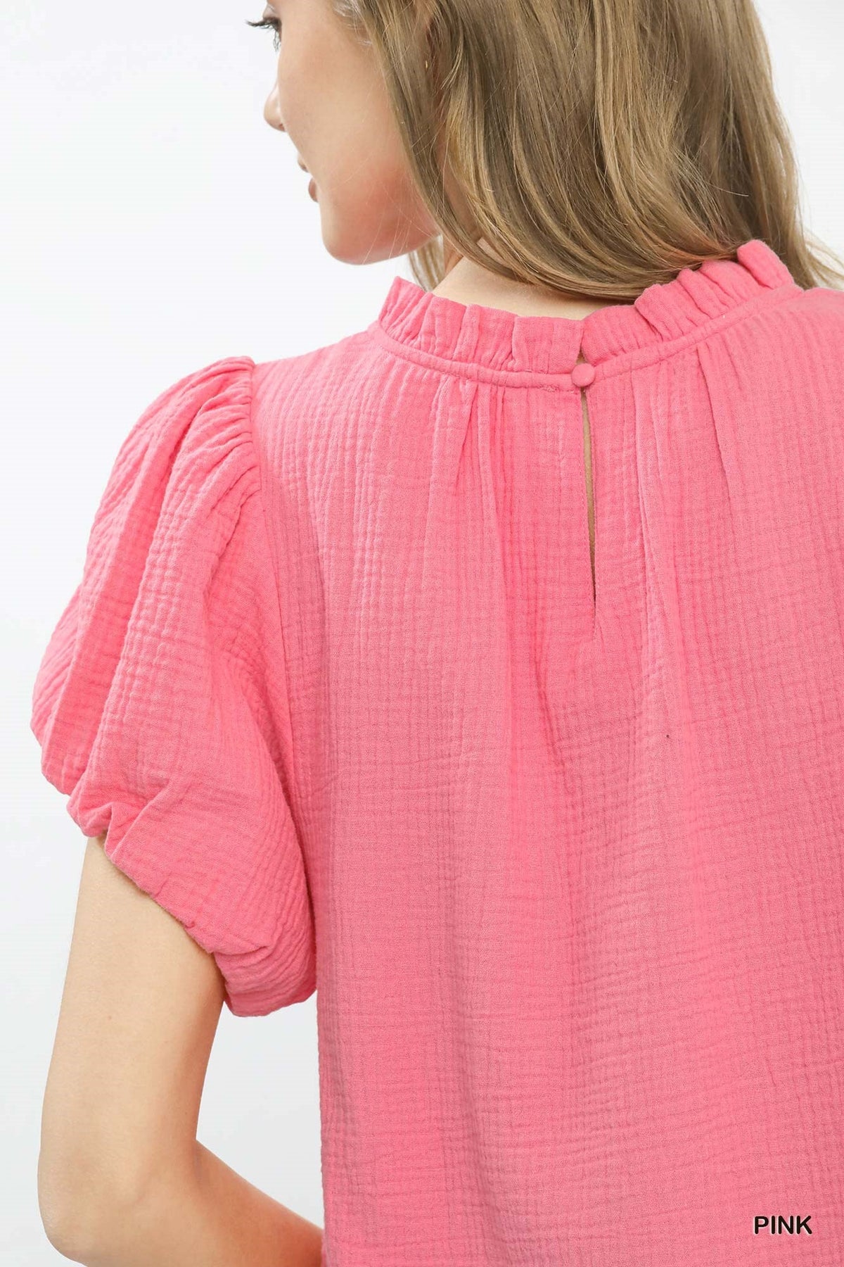 Umgee Textured Gauze Ruffle Neck Boho Top