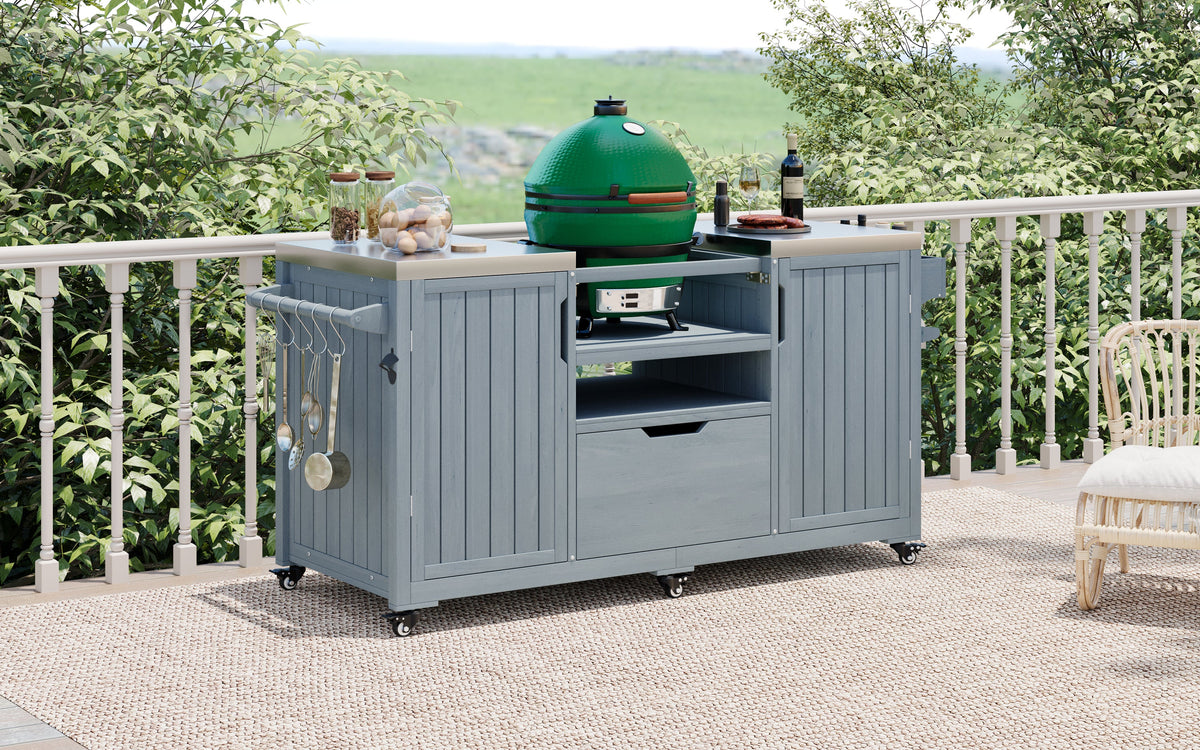 K&K 66.5' Outdoor Kitchen Island for Big Green Egg Grills, Solid Wood Outdoor Grill Cart for Tabletop Grill with Stainless Steel Top, Drawer, Compatible with Large Big Green Egg, Kamado Joe- Grey Blue