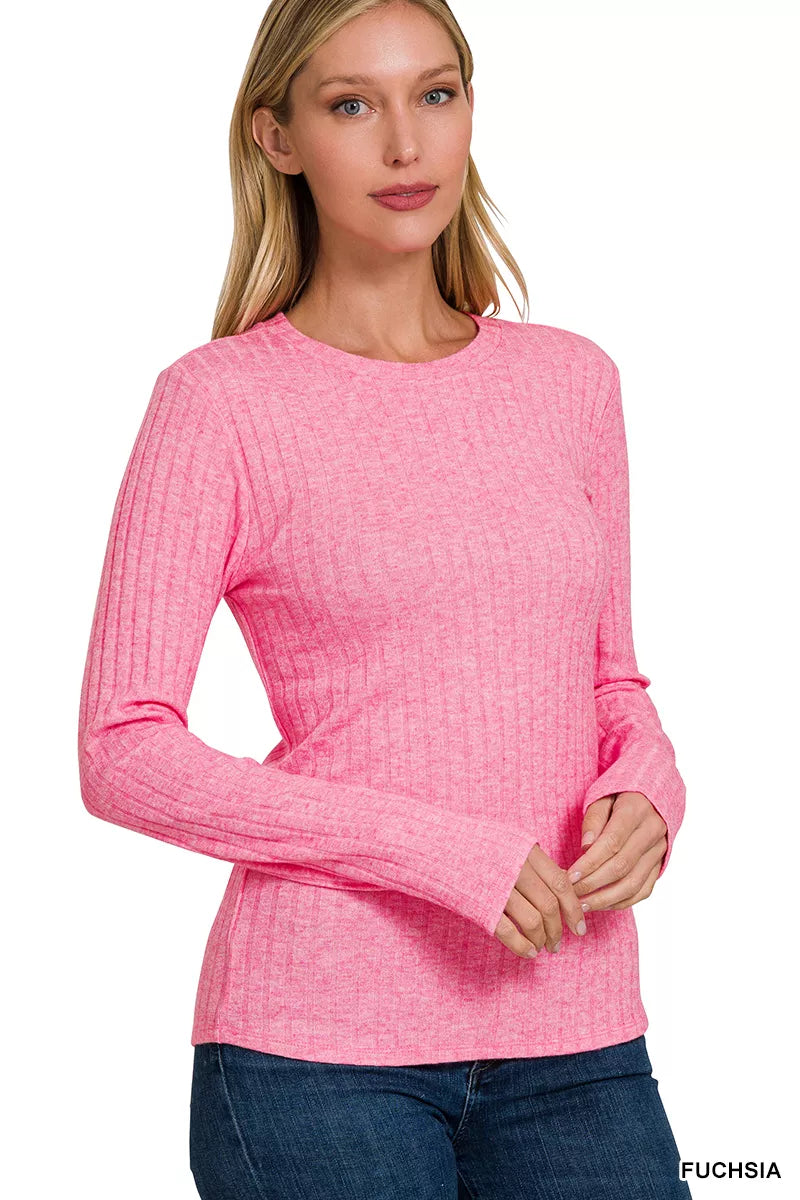 Zenana Ribbed Long Sleeve Round Neck T-Shirt