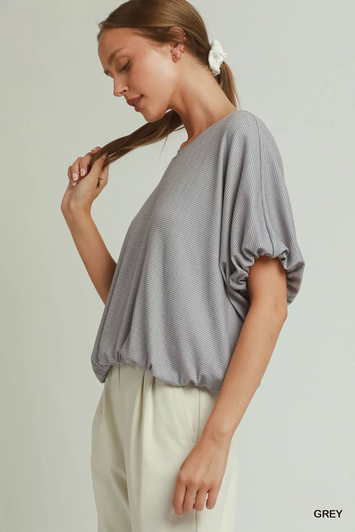 Umgee Mini Texture Checkered Bubble Hem Top