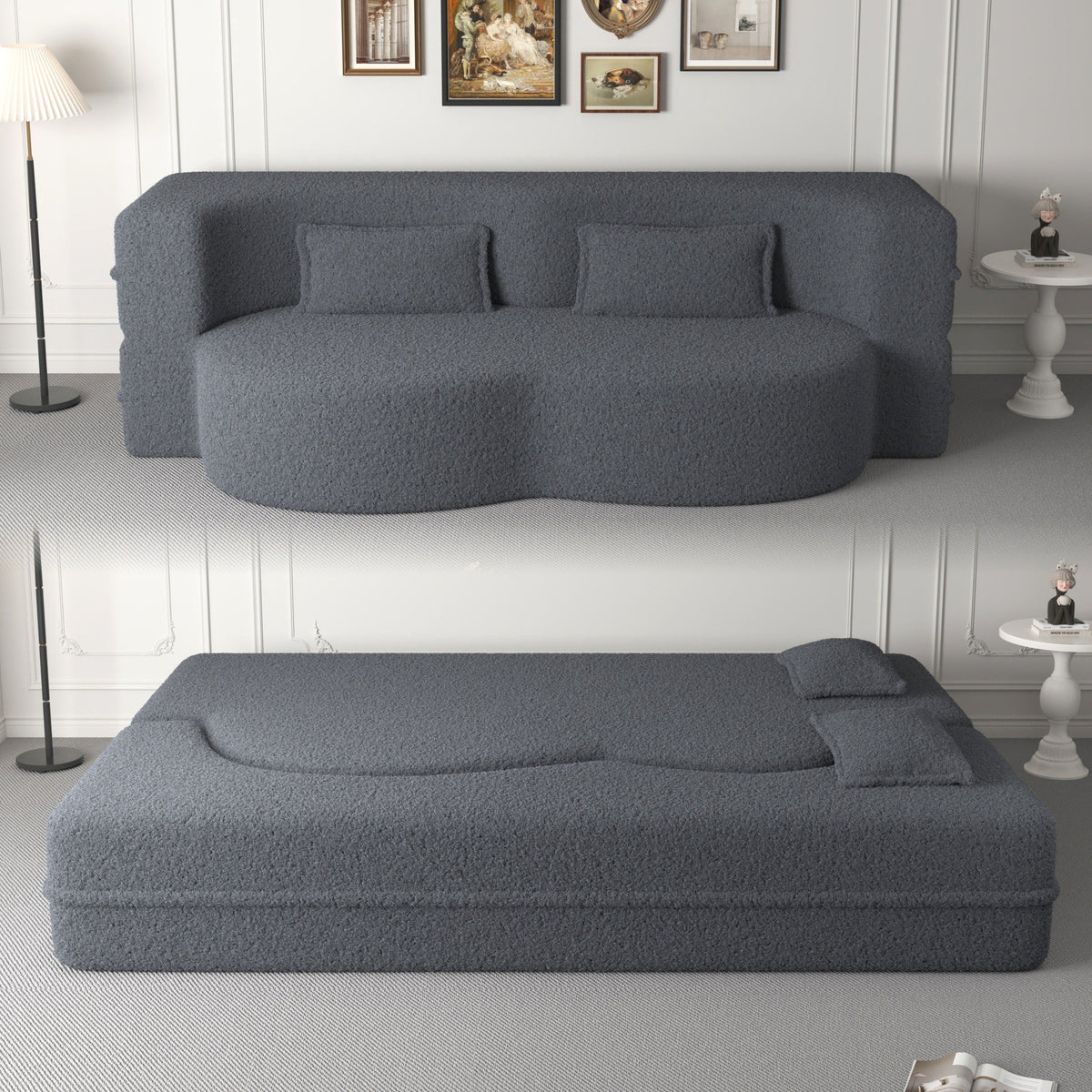 Modern Floor Sofa, with 2 Pillows, Convertible Teddy Fabric Foam Filled Bed, 15 inch Full Size Folding Mattress, Suitable for Living Room, Guest room, Game Room, Grey