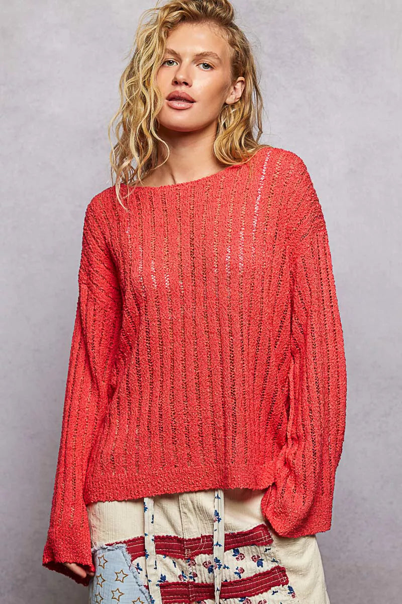 POL Round Neck Long Sleeve Open Weave Sweater