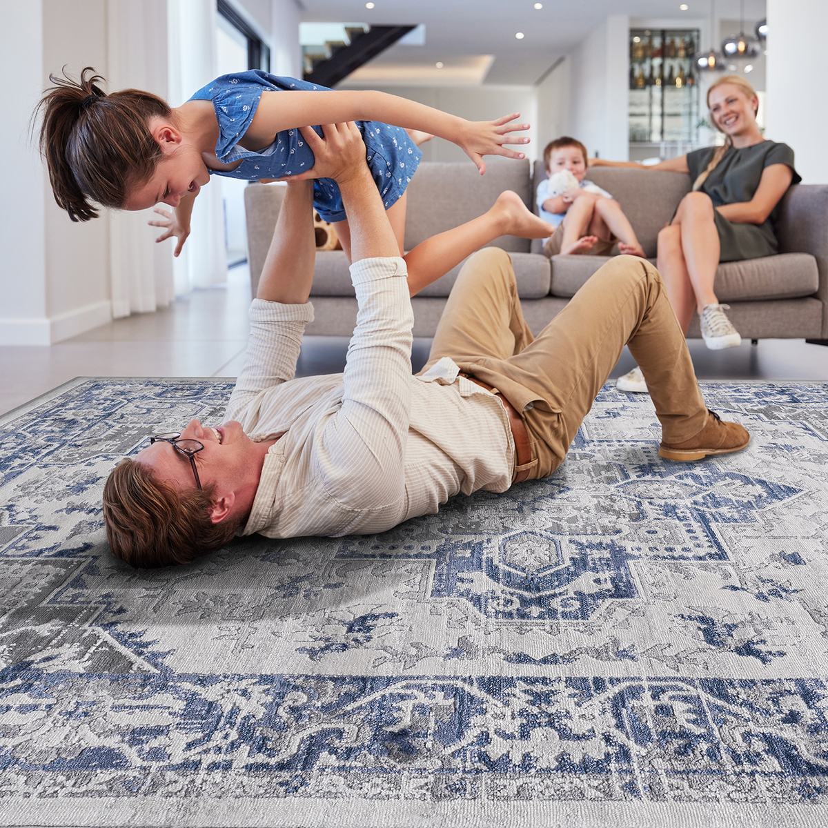 NAAR MARFI Collection 2X3 Blue / Grey / Oriental Doormat Rug