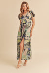 Lace Detail Slit Geometric Print Short Sleeve Maxi Comfortable Dress For Women, Elegant Lace, Alluring Slit, Sophisticated Geometric Print for Casual & Dressy Occasions