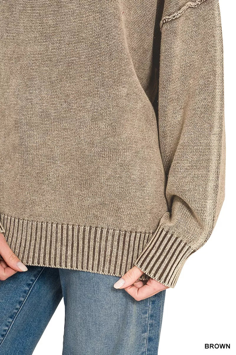 Zenana Washed Deep V-neck Oversized Sweater