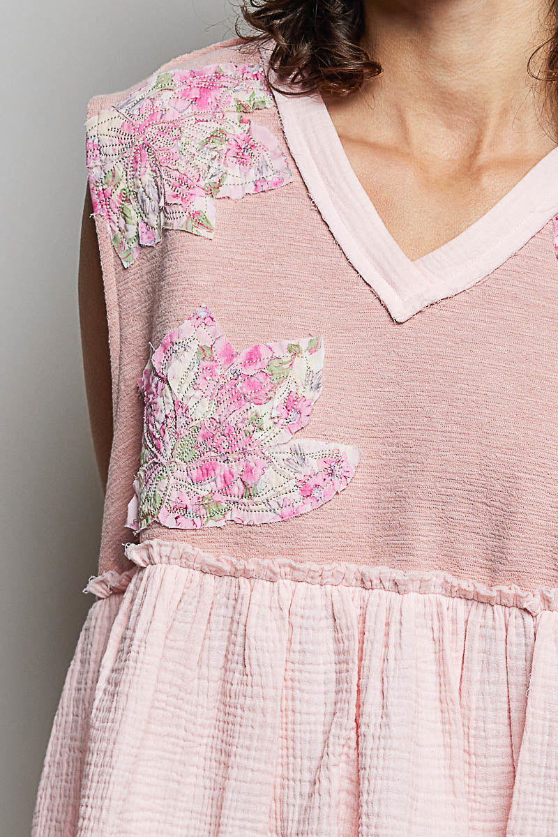 POL Floral Patch Ruffled Sleeveless Top with Raw Edge Detail