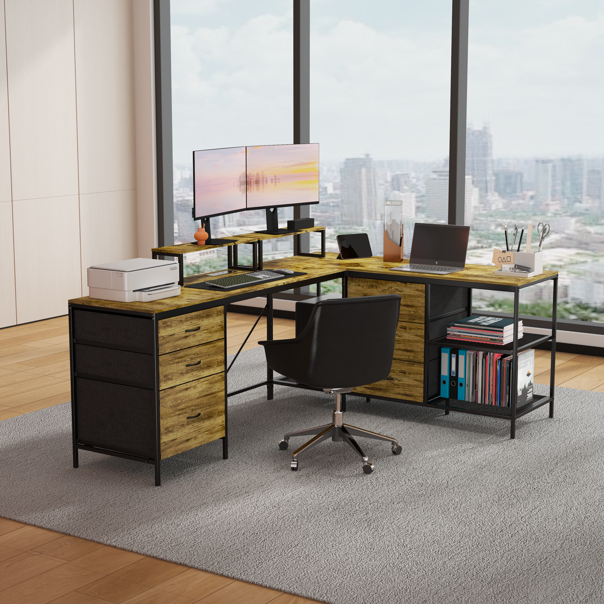 Industrial L-Shaped Computer Desk with Power Outlets & USB-C, Rustic Brown Metal Frame, 6 Fabric Drawers, 3 Open Shelves, Movable Monitor Stands, 114 Inch Corner Office Desk for Gaming and Work
