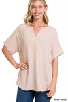 Zenana Woven Airflow Split Neck Short Sleeve Top