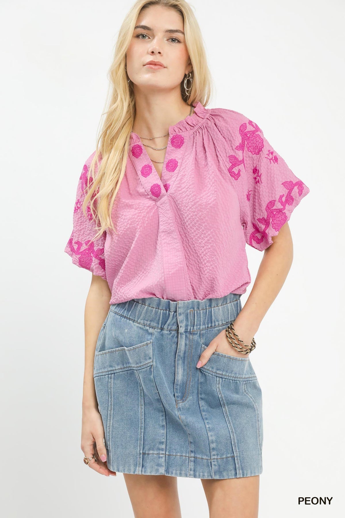 Umgee Embroidered Textured Flutter Sleeve Top
