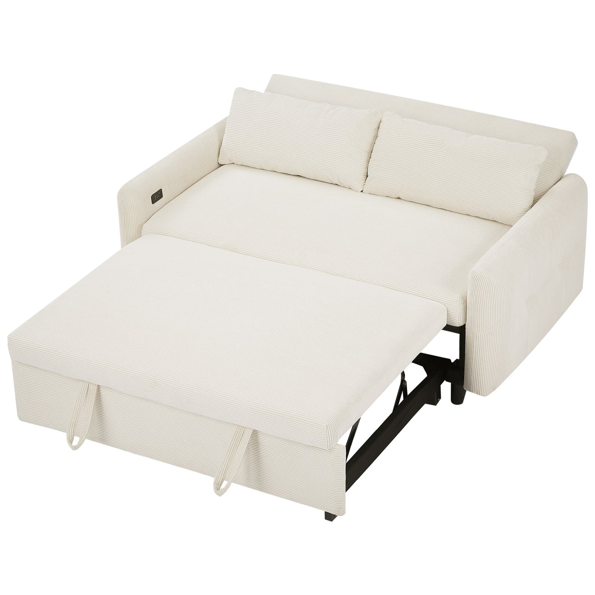 Modern Convertible Pull-out Sofa Bed with USB Ports and Pillows, Beige Corduroy, 57.48 inches