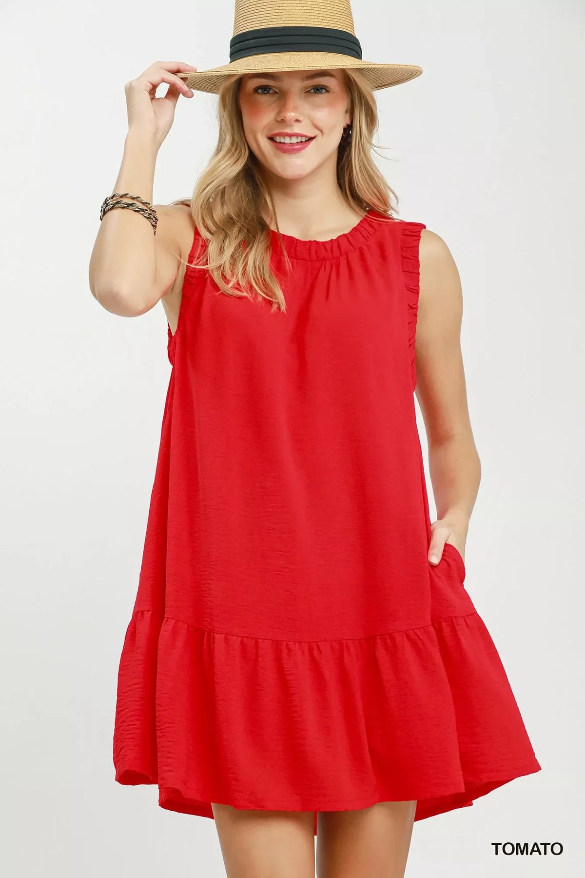 Umgee Sleeveless Ruffle Trim Drop Waist Mini Dress