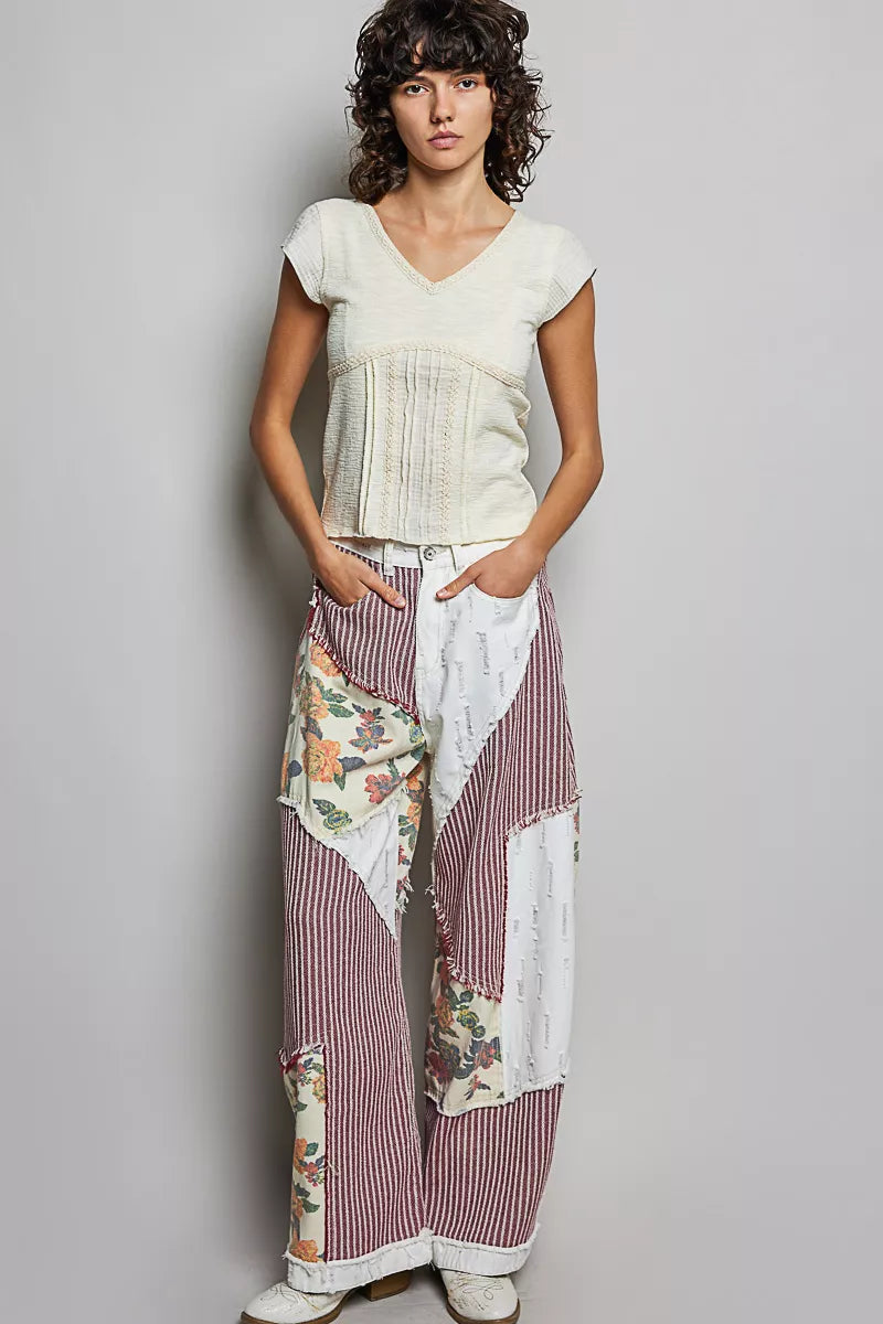 POL V-Neck Lightweight Textured Short Sleeve Knit Top with Lace Trim