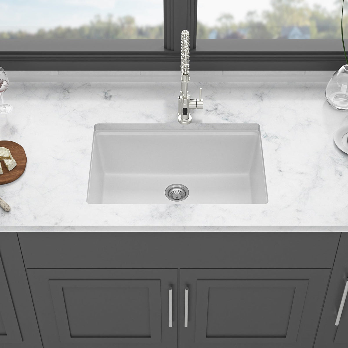 Quartz Kitchen Sink - 28' x 19' White Granite Composite Workstation Undermount Kitchen Sink