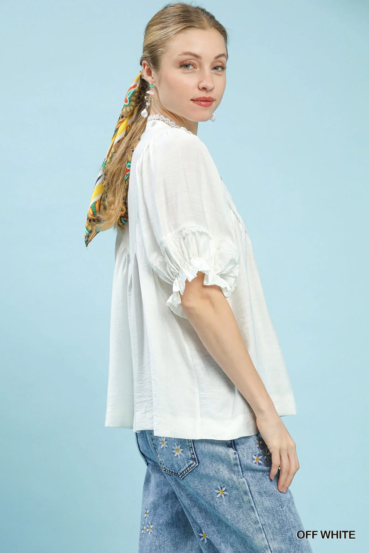 Umgee Smocked Yoke Blouse with Ruffle Sleeves
