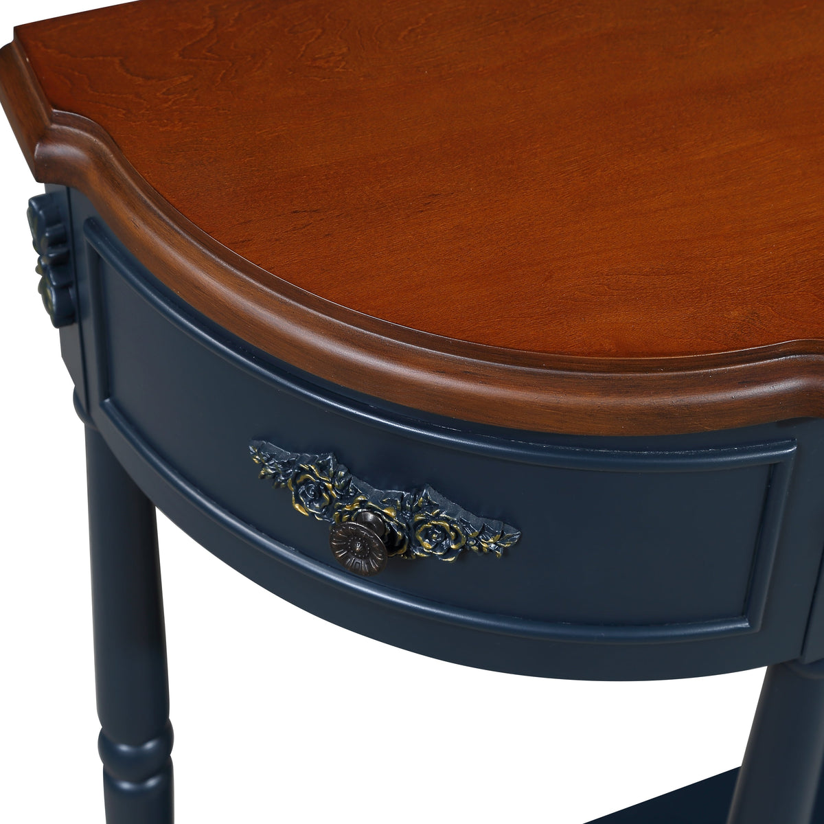 Retro Curved Wood Console Table, 52 inch Circular Half Moon Sofa Table with Open Shelf and 2 Drawers, Solid Wood Entry Table for Living Room, Hallway, Navy Blue + Brown Top