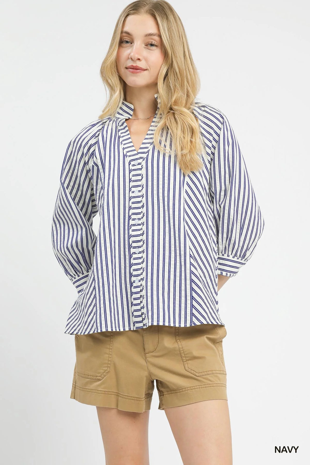 Umgee Striped V-Neck Button Down Top