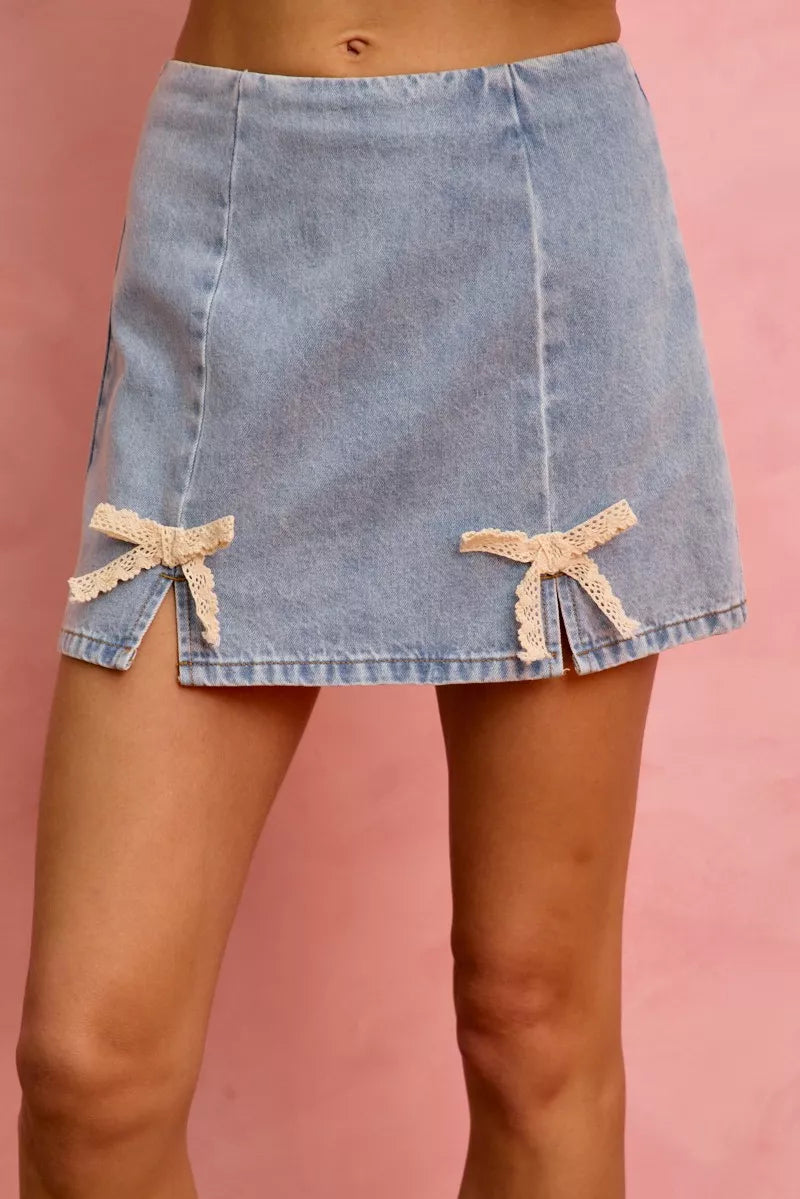 SO ME Lace Ribbon Trim Denim Mini Skirt