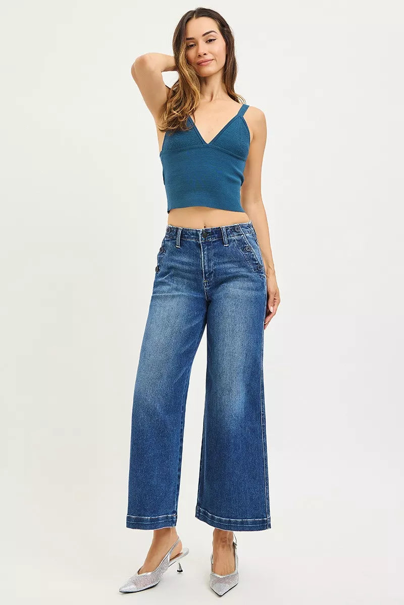 RISEN High Rise Wide Leg Jeans With Pocket Button Detail
