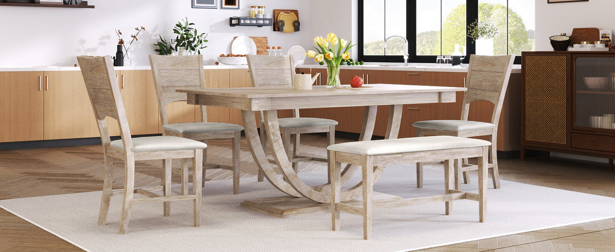 TOPMAX Modern Style Natural Wood 6-Piece Dining Table Set with Bench and Chairs, Upholstered Seats, Rubberwood Frame