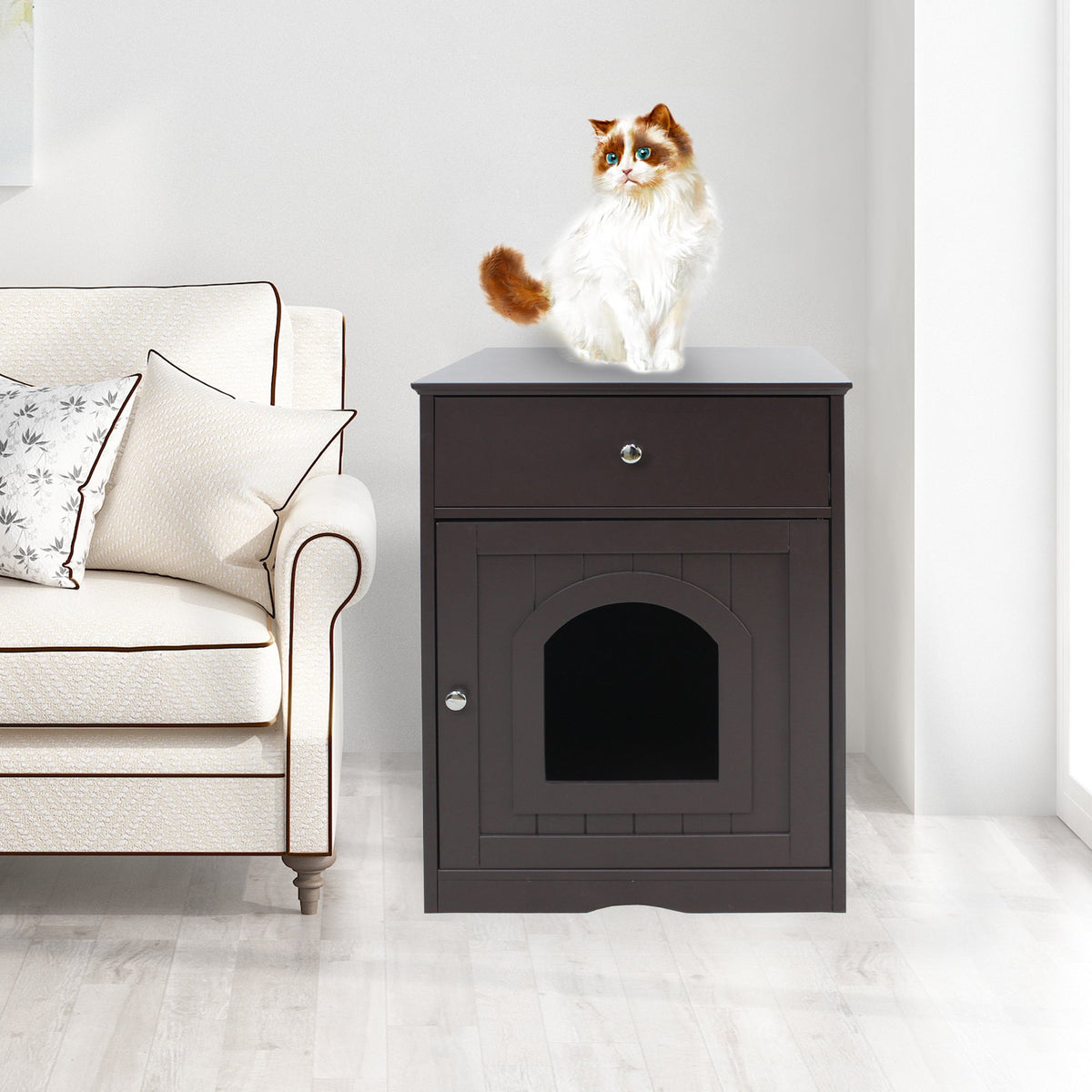 Brown Wooden Pet House Cat Litter Box Enclosure with Drawer, Side Table, Indoor Pet Crate, Cat Home Nightstand