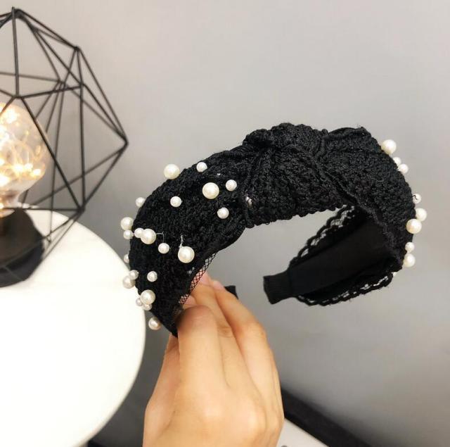 Fashion Girls Pearl Hairband White Black Lace Headband Women Artificial Pearls Hair Hoop Middle Knot Hair Accessories Gorgeous Hair Accessories For Women