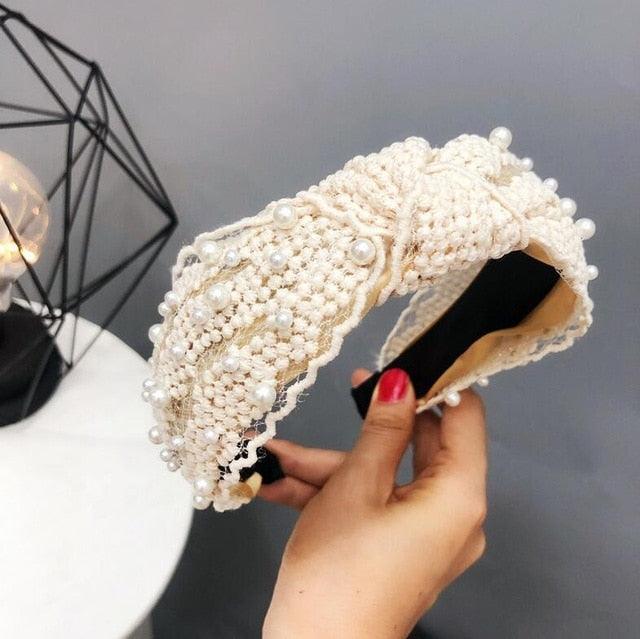 Fashion Girls Pearl Hairband White Black Lace Headband Women Artificial Pearls Hair Hoop Middle Knot Hair Accessories Gorgeous Hair Accessories For Women
