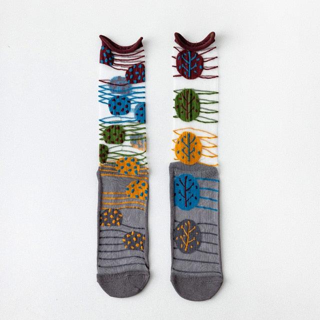 Fashion Women Socks New Spring Summer Mesh Thin Long Printed Socks Women Casual Breathable Fresh Flower Socks Korea Style Color Thin Socks For Women