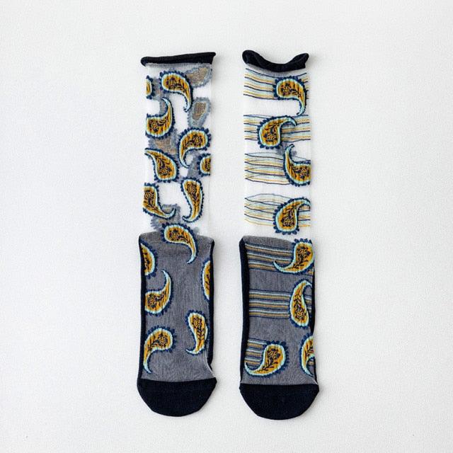 Fashion Women Socks New Spring Summer Mesh Thin Long Printed Socks Women Casual Breathable Fresh Flower Socks Korea Style Color Thin Socks For Women
