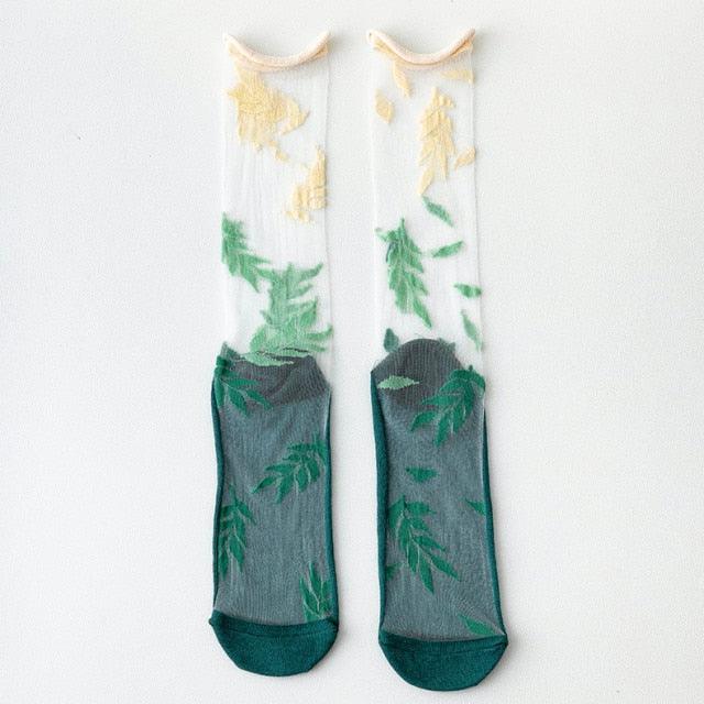 Fashion Women Socks New Spring Summer Mesh Thin Long Printed Socks Women Casual Breathable Fresh Flower Socks Korea Style Color Thin Socks For Women